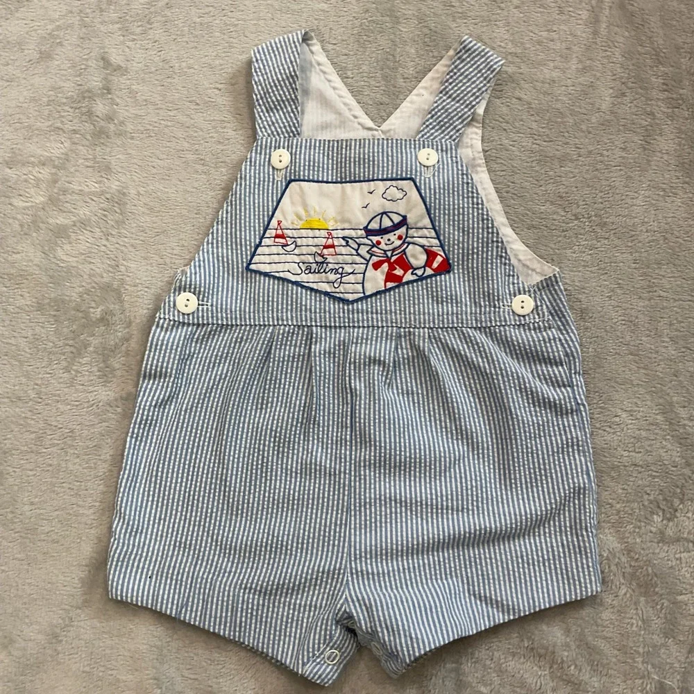 Vintage Blue White Seersucker Nautical Sailing Shortalls 24 Months Pinstripe